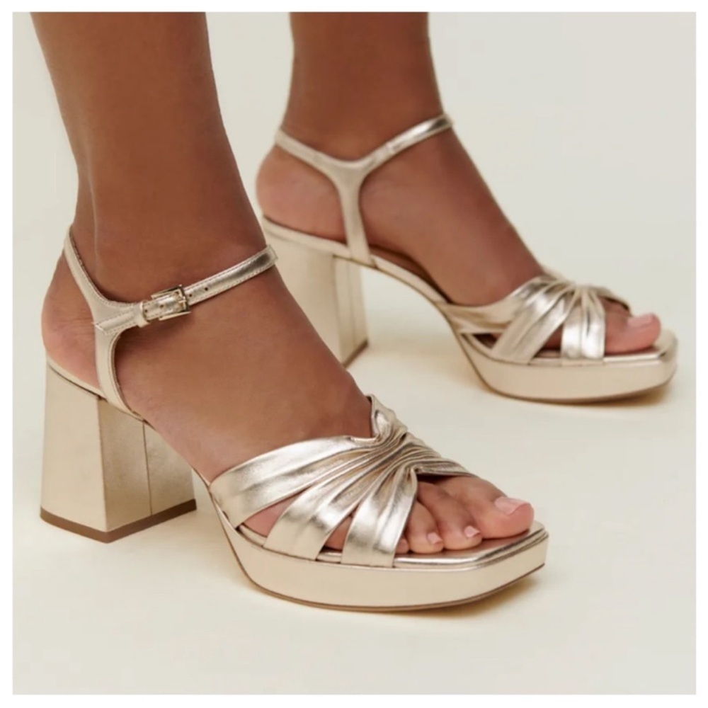 Reformation Maize Platform Heeled Sandals Leather Gold Metallic Anthro Sz 6 New